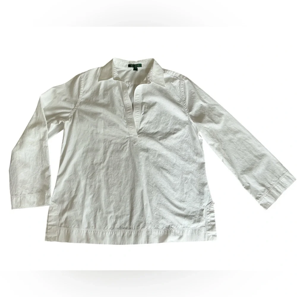 Lauren Ralph Lauren White Split V-Neck 100% Cotton Tunic Top Size XL Preppy - Picture 5 of 6